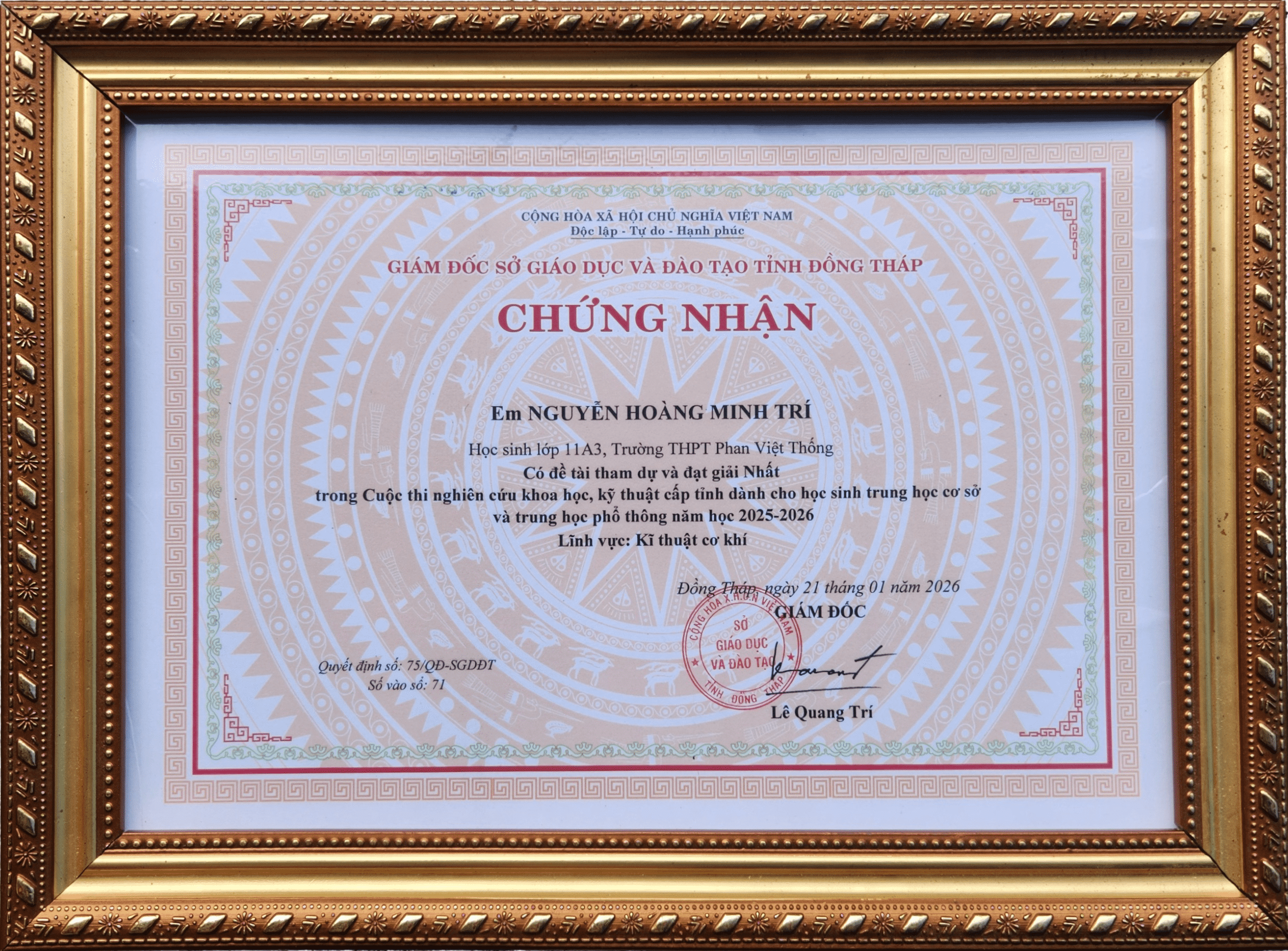 Chứng Nhận Giải Nhất KHKT cấp Tỉnh Đồng Tháp 2026