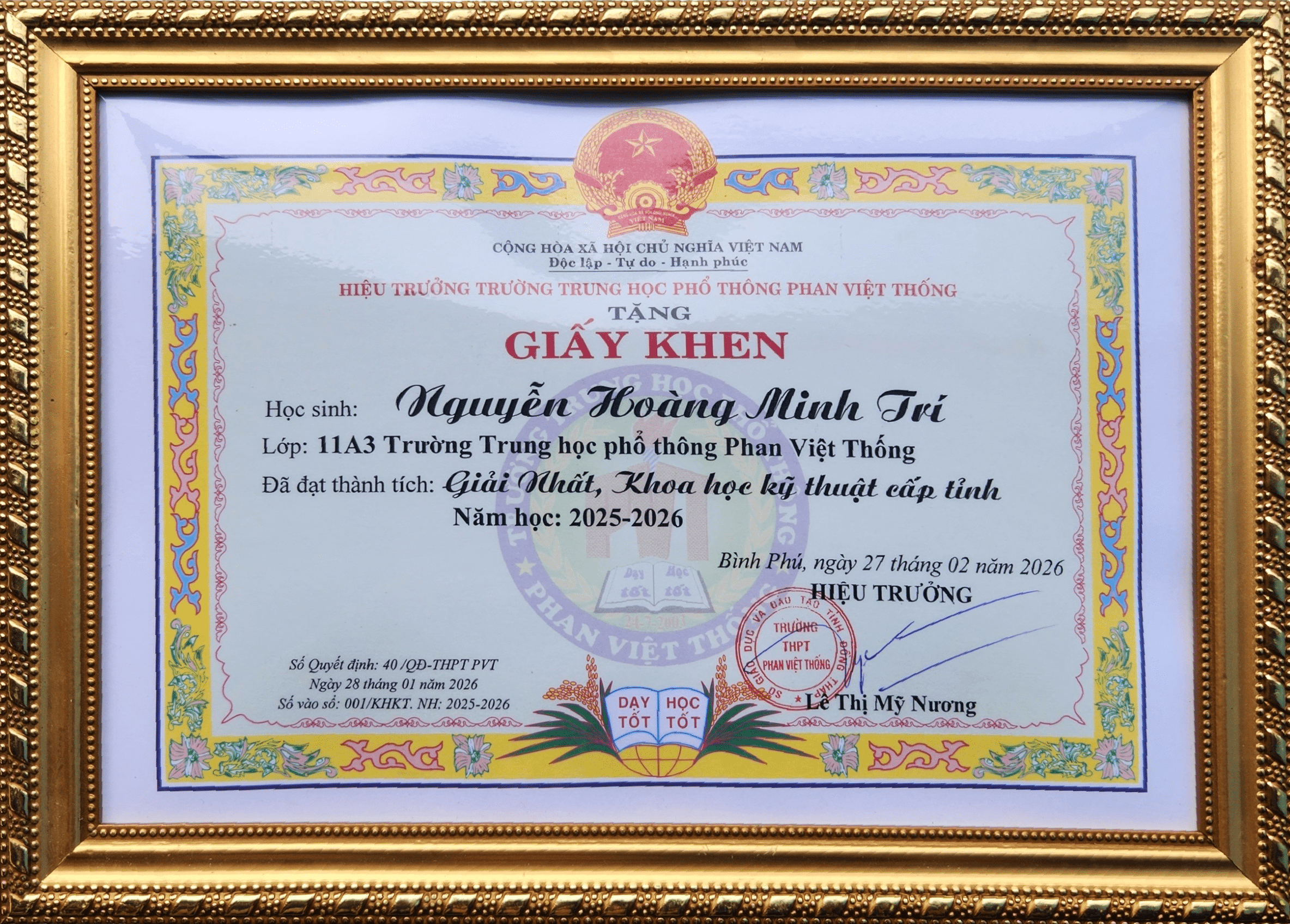 Nhà Trường Khen Thưởng Giải Nhất KHKT Cấp Tỉnh Đồng Tháp 2026