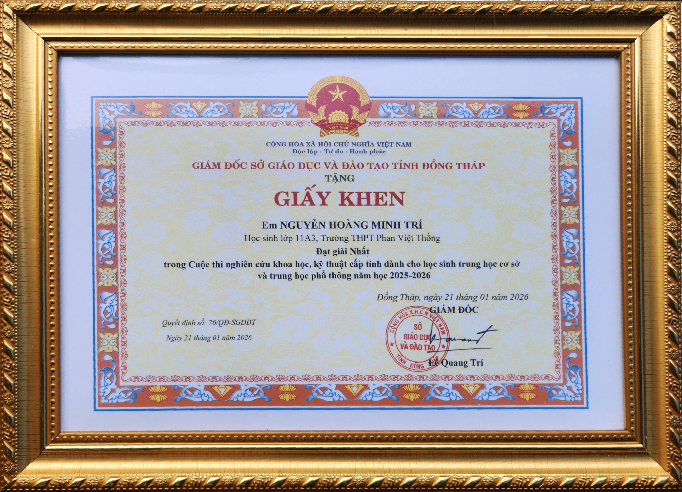 Giấy Khen Giải Nhất KHKT cấp Tỉnh Đồng Tháp 2026